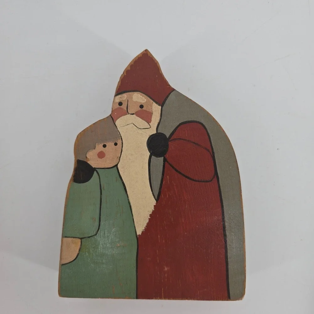 Vintage Primitive Wooden Santa Trio Folk Art Rustic Christmas Decor